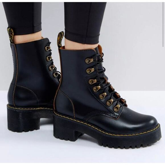 DR MARTENS Leona Heeled Platform Combat Boots Black 7 - Picture 1 of 10